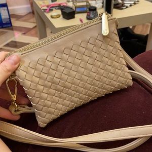 Charming Charlie Small Tan Woven Leather Cross Body Bag